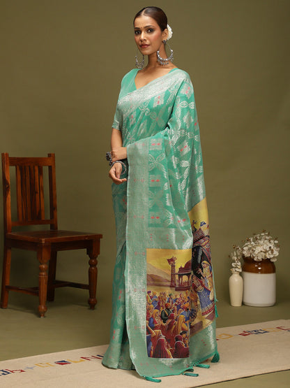 Sea Chanderi Organza Woven Saree