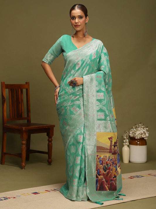 Green Sea Chanderi Organza Woven Saree