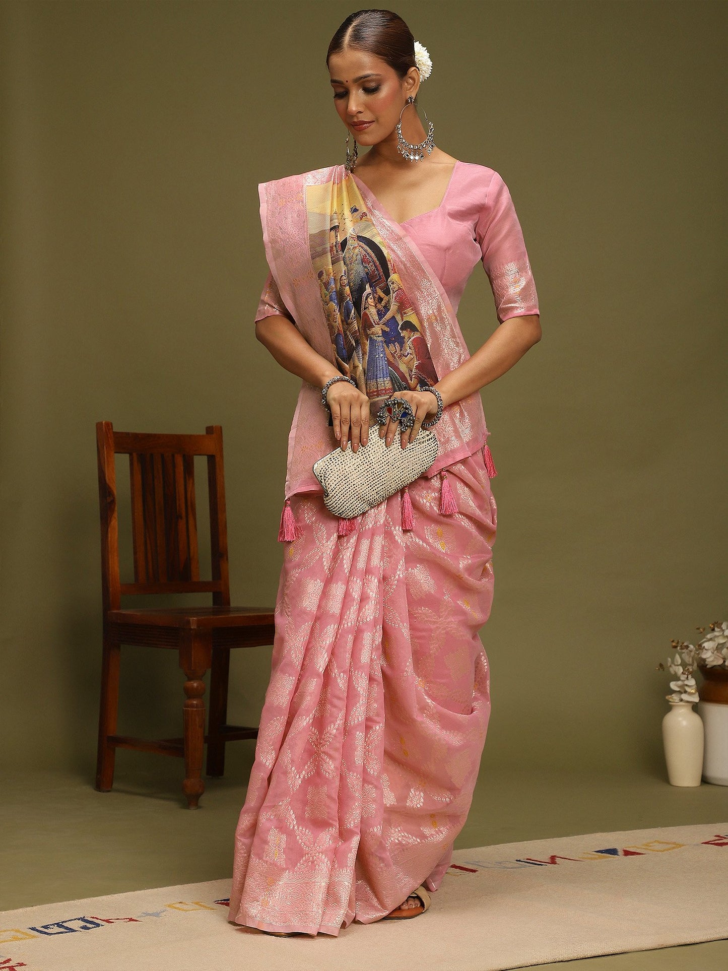 Pink Chanderi Organza Woven Saree