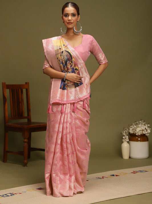 Pink Pink Chanderi Organza Woven Saree