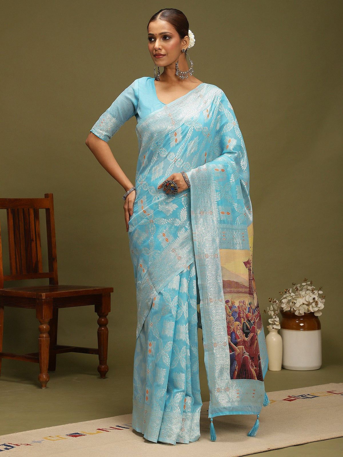 Blue Light Chanderi Organza Woven Saree