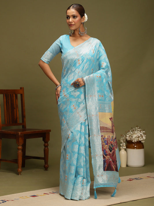 Blue Light Chanderi Organza Woven Saree
