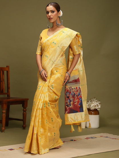 Yellow Chanderi Organza Woven Saree