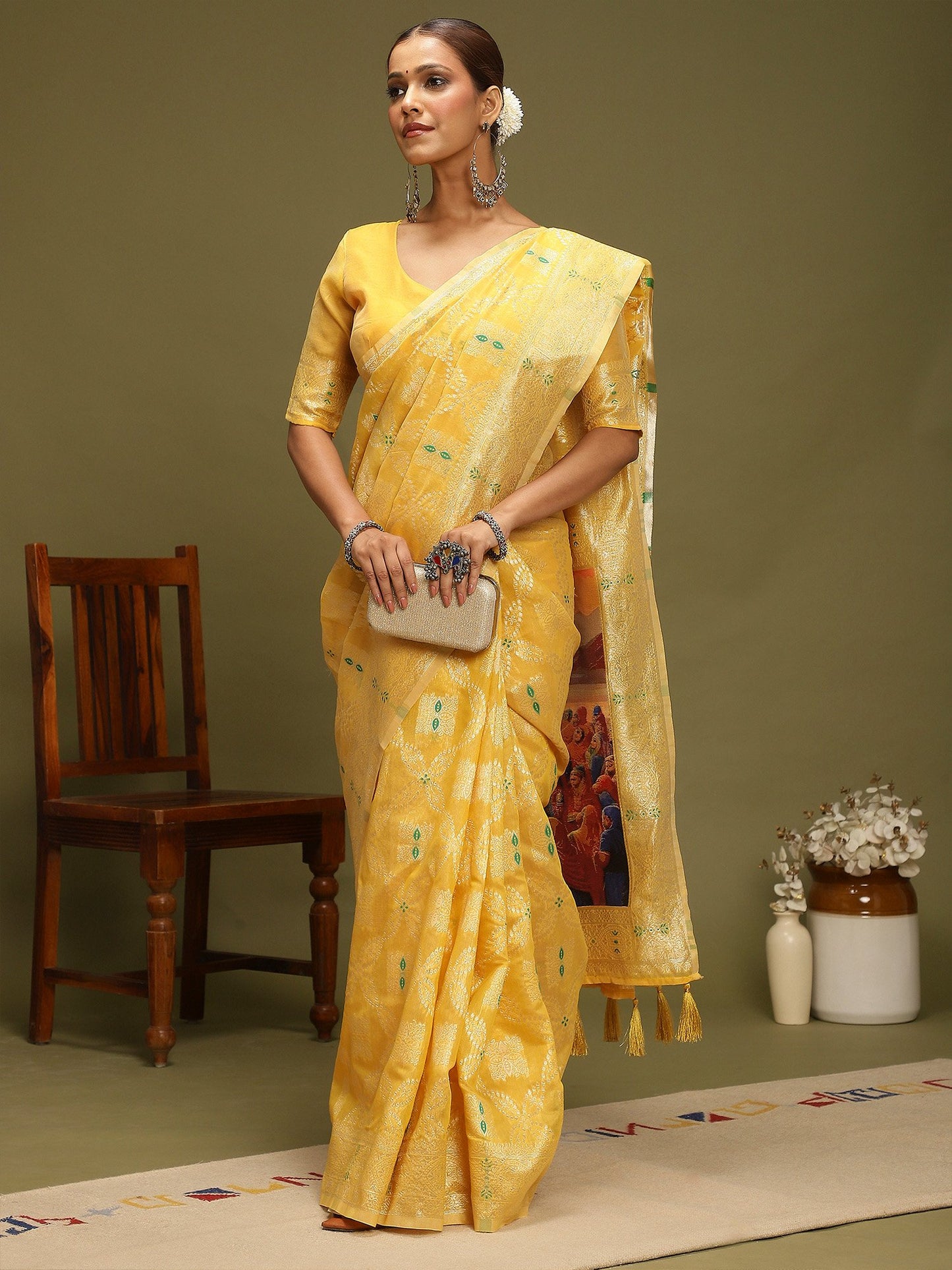 Yellow Chanderi Organza Woven Saree