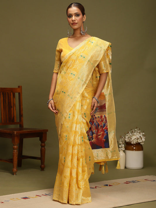 Yellow Yellow Chanderi Organza Woven Saree