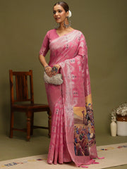Mauve Chanderi Organza Woven Saree