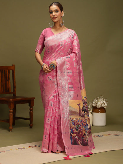Pink Mauve Chanderi Organza Woven Saree