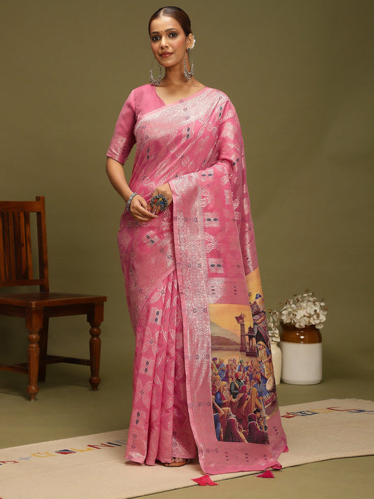 Pink Mauve Chanderi Organza Woven Saree