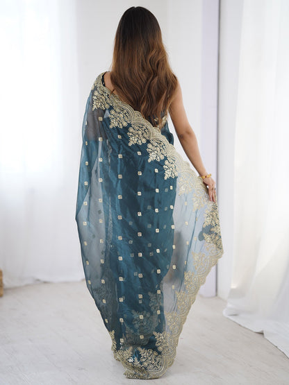 Teal Party Wear Net Embellished Saree
