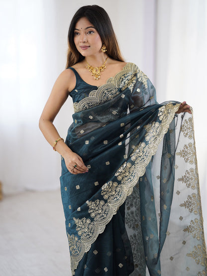 Teal Party Wear Net Embellished Saree