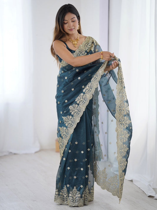 Blue Teal Party Wear Net Embellished Saree