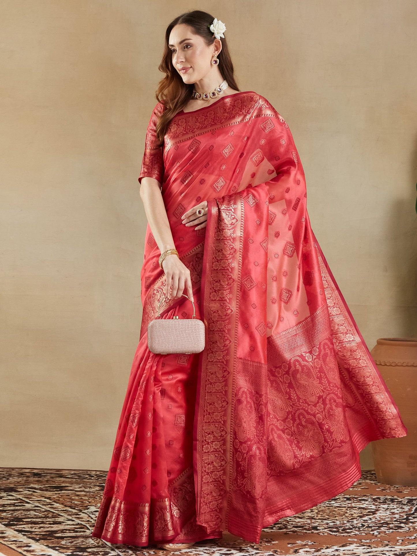 Pink Banarasi Organza Woven Saree