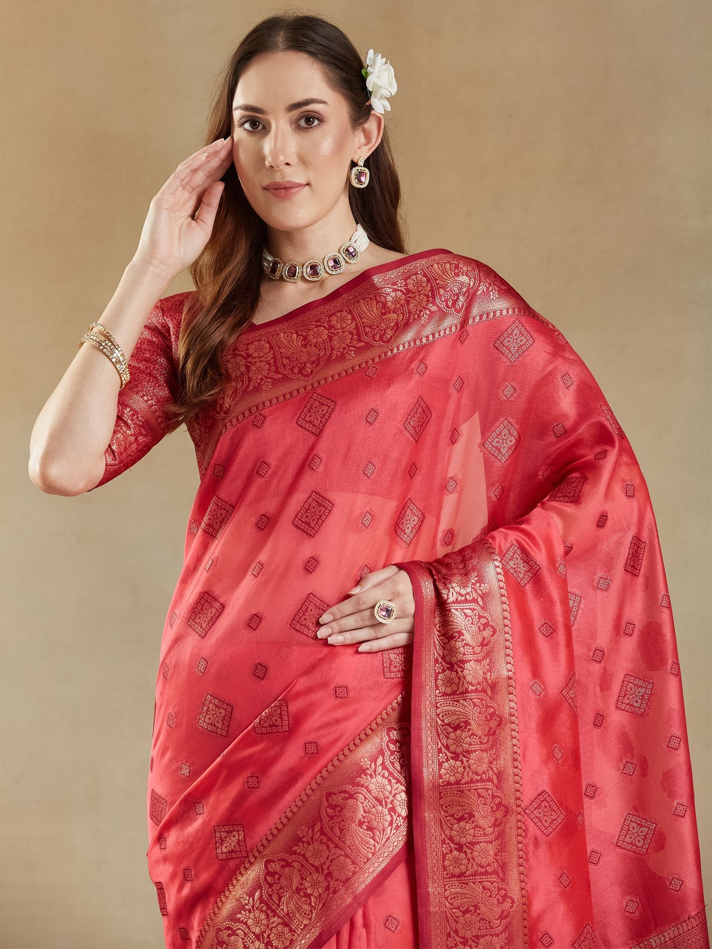 Pink Banarasi Organza Woven Saree