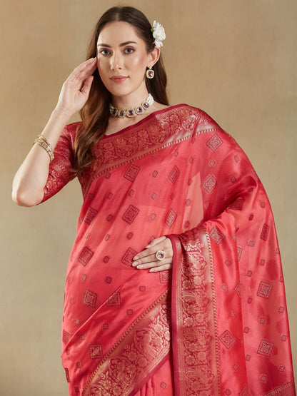 Pink Banarasi Organza Woven Saree