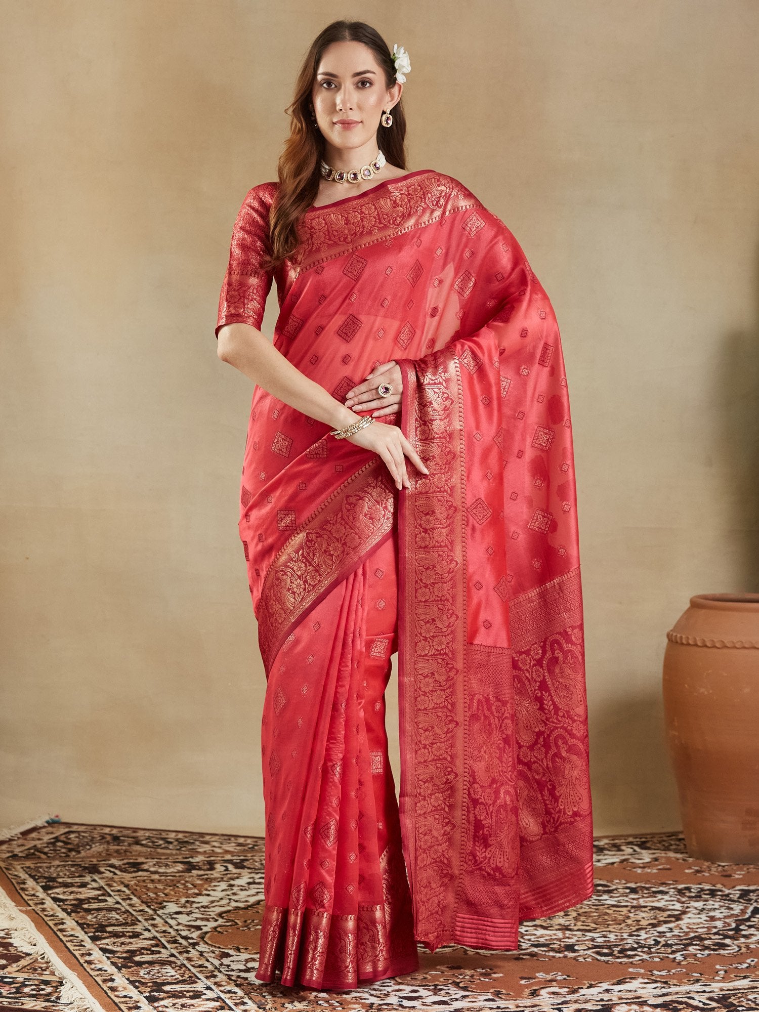 Pink Pink Banarasi Organza Woven Saree
