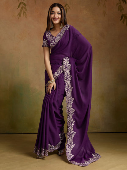 Purple Purple Party Wear Georgette Embellished Saree
