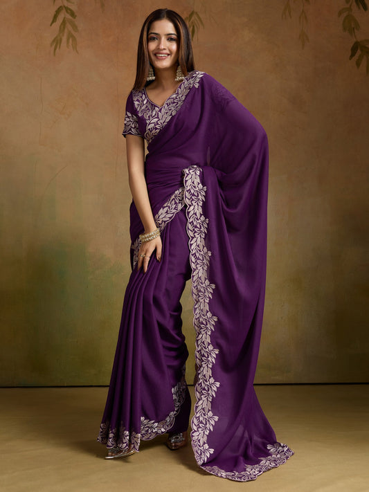Purple Purple Party Wear Georgette Embellished Saree