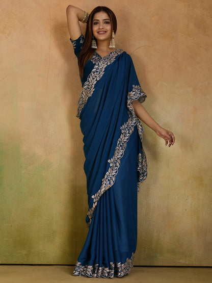 Teal Party Wear Georgette Embellished Saree