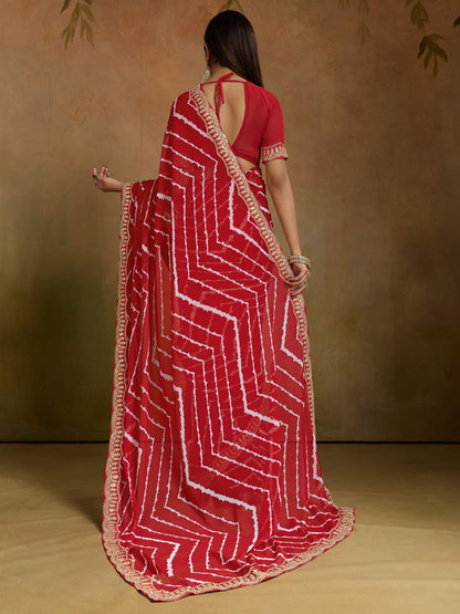Red Leheriya Georgette Printed Saree