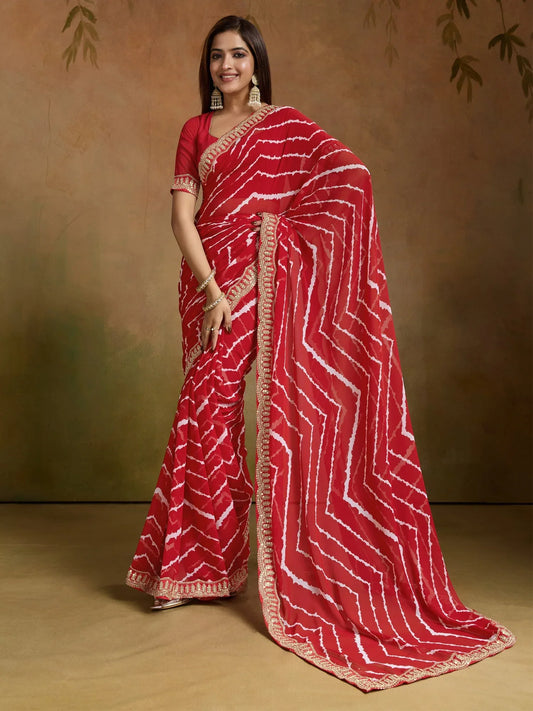 Red Red Leheriya Georgette Printed Saree