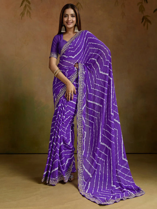 Purple Purple Leheriya Georgette Printed Saree