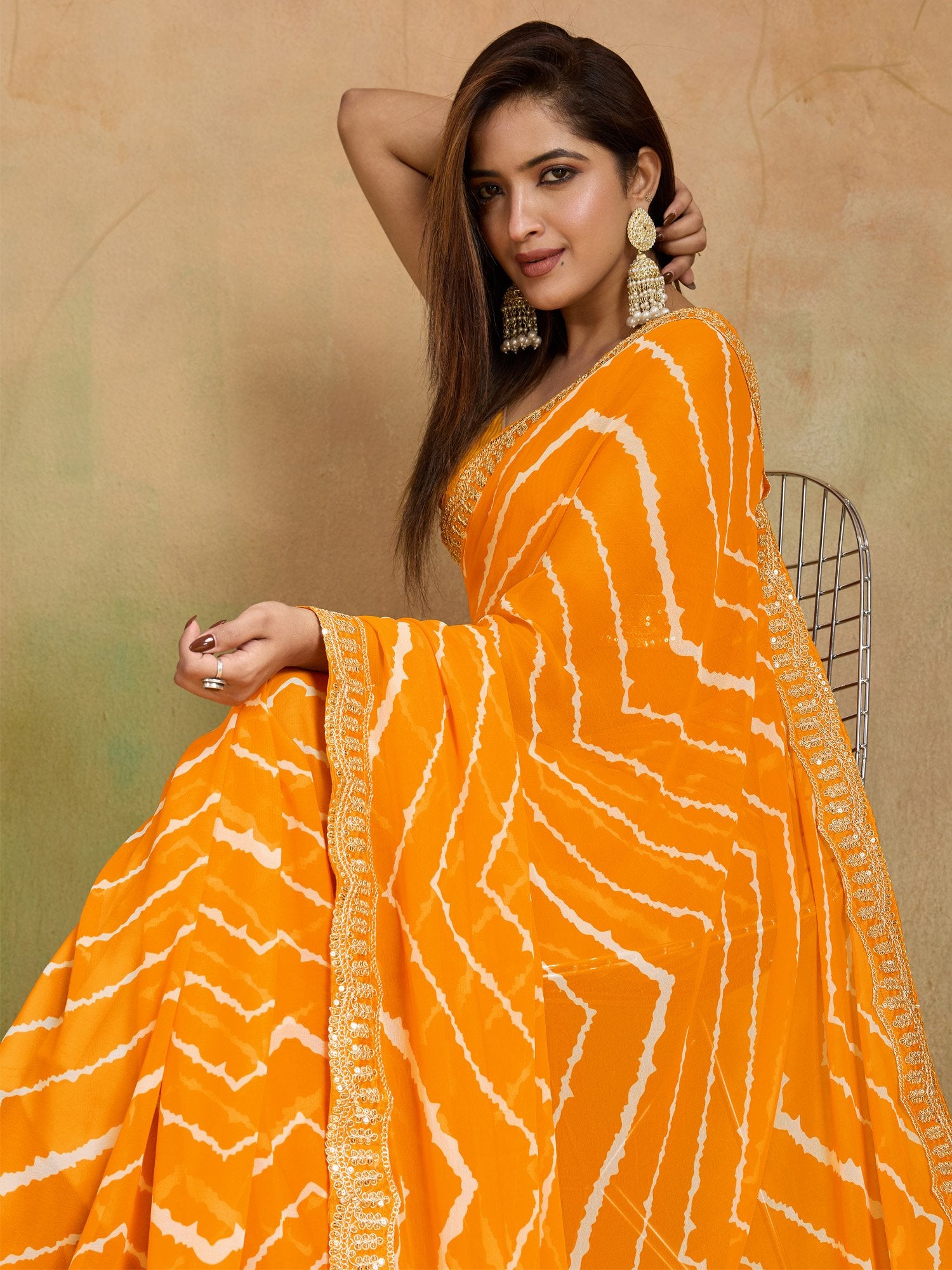 Yellow Leheriya Georgette Printed Saree