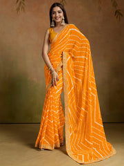Yellow Yellow Leheriya Georgette Printed Saree
