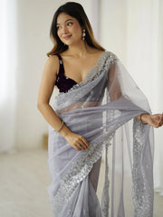 Lavendar Party Wear Net Embellished Saree
