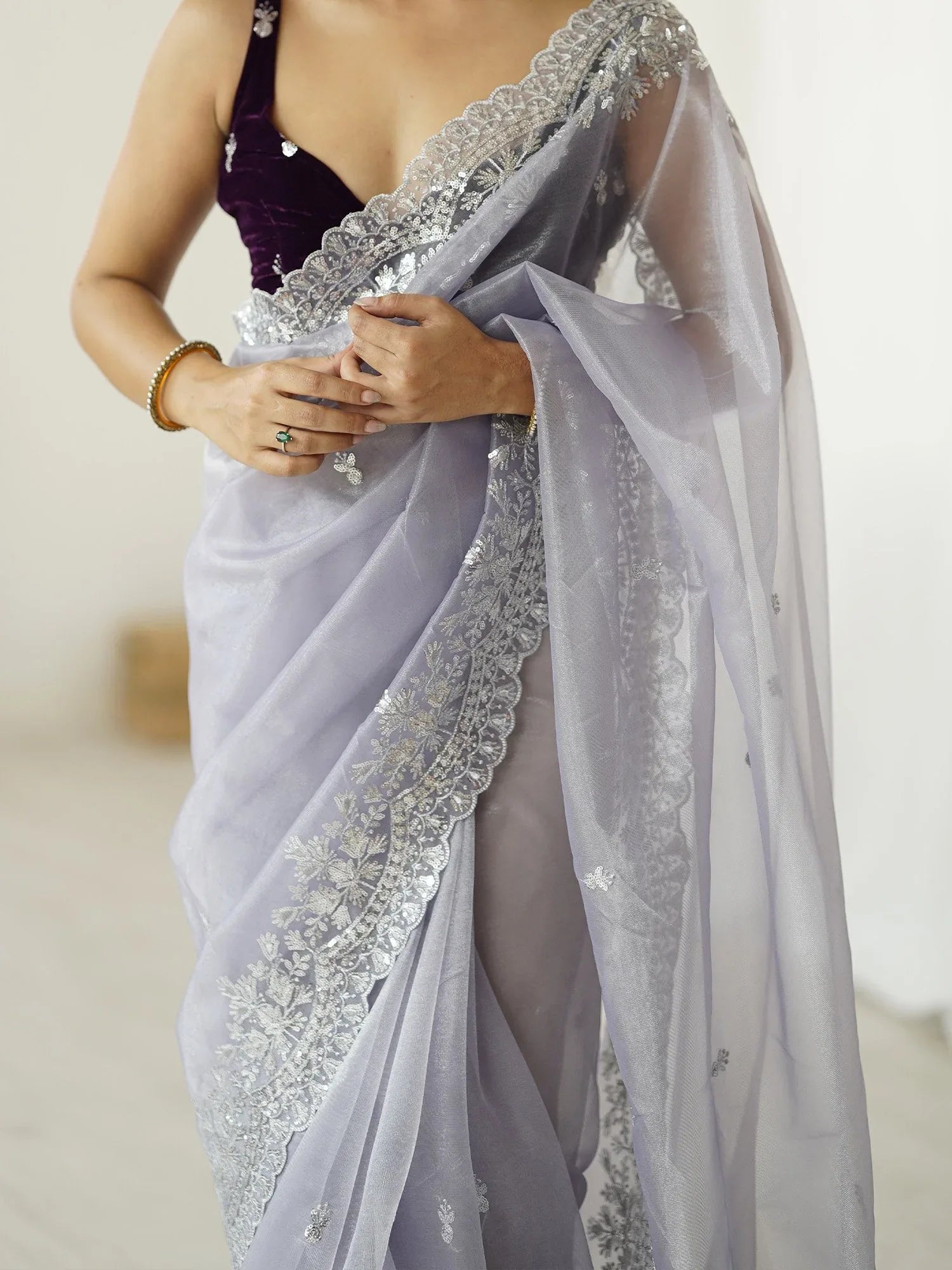 Lavendar Party Wear Net Embellished Saree