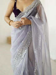 Lavendar Party Wear Net Embellished Saree