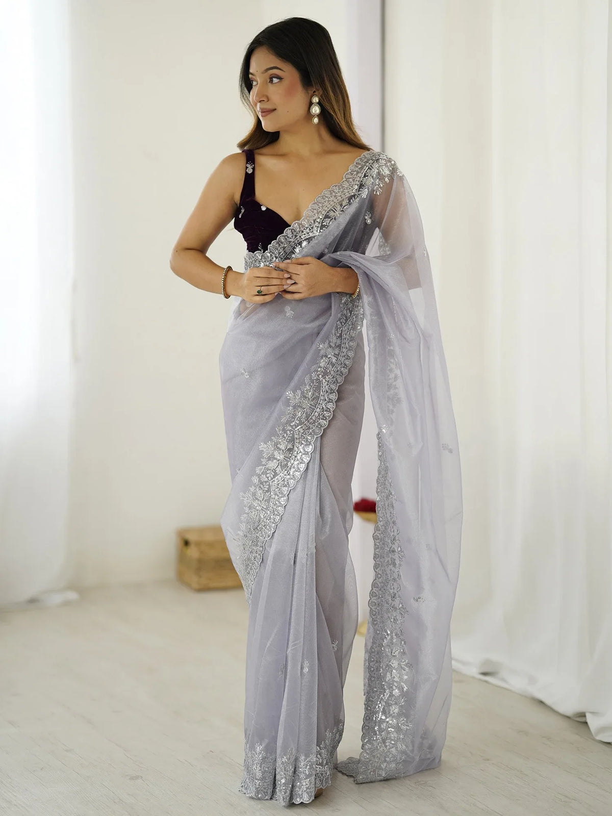 Lavender Lavendar Party Wear Net Embellished Saree