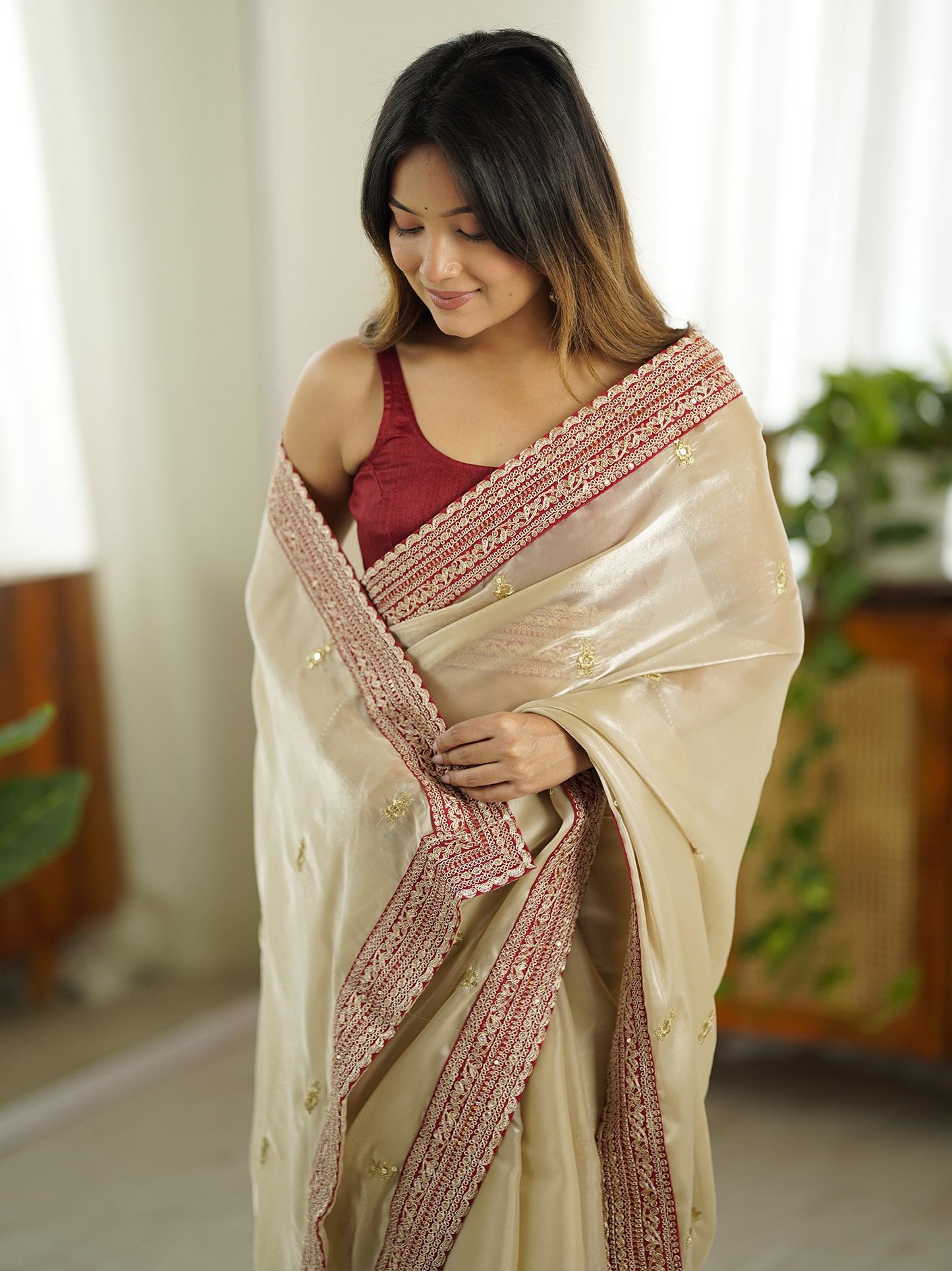 Cream Party Wear Organza Embellished Saree