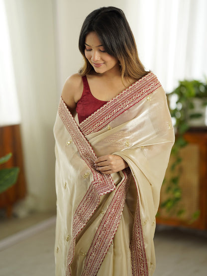 Cream Party Wear Organza Embellished Saree