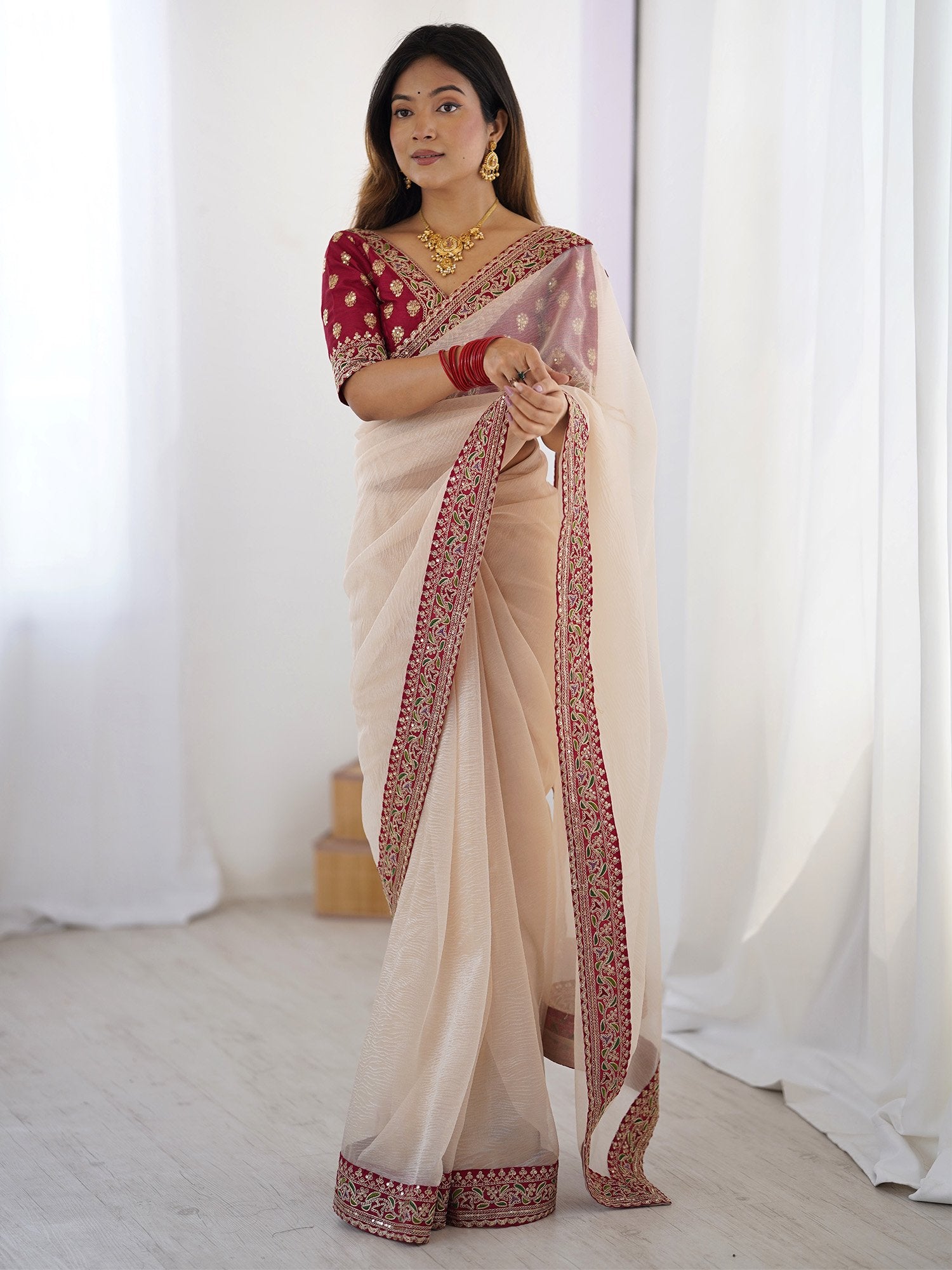 White Party Wear Chiffon Embellished Saree