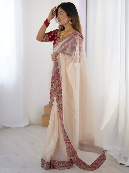 White Party Wear Chiffon Embellished Saree