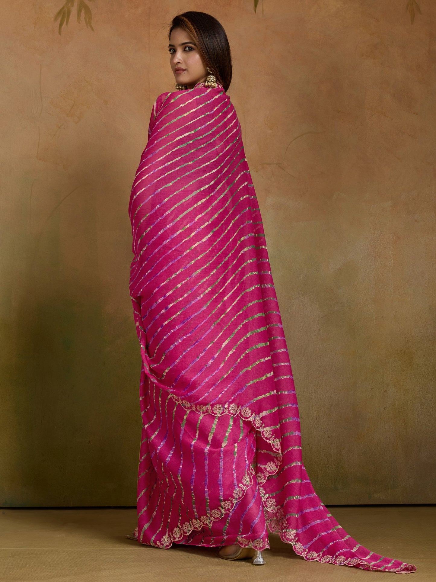 Pink Leheriya Chiffon Printed Saree