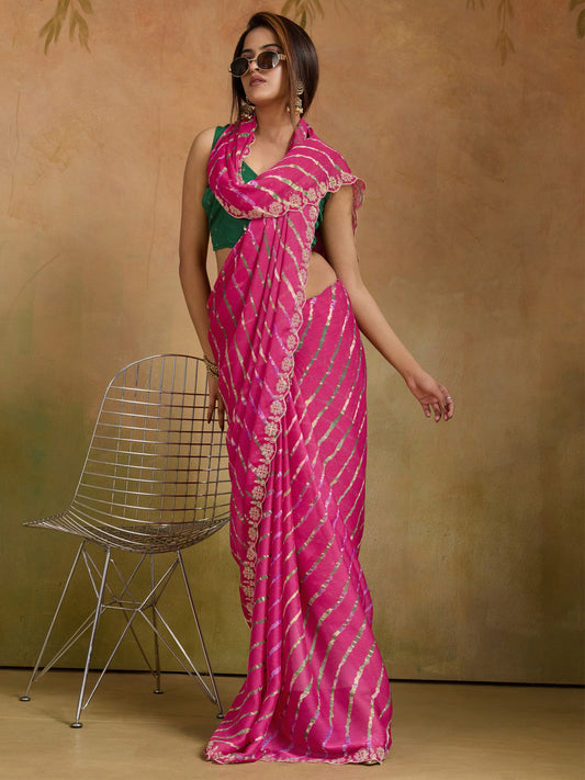 Pink Pink Leheriya Chiffon Printed Saree