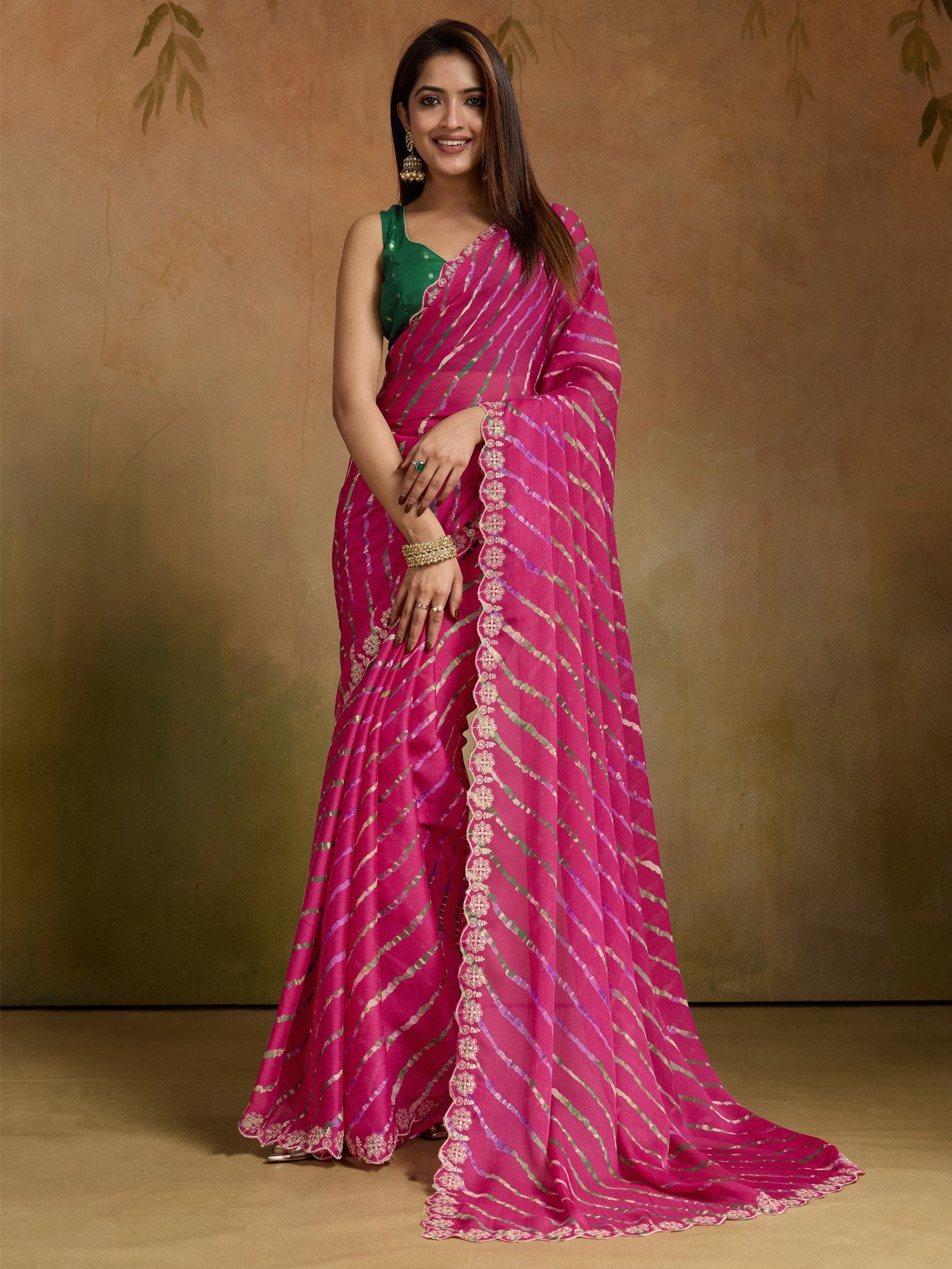 Pink Leheriya Chiffon Printed Saree