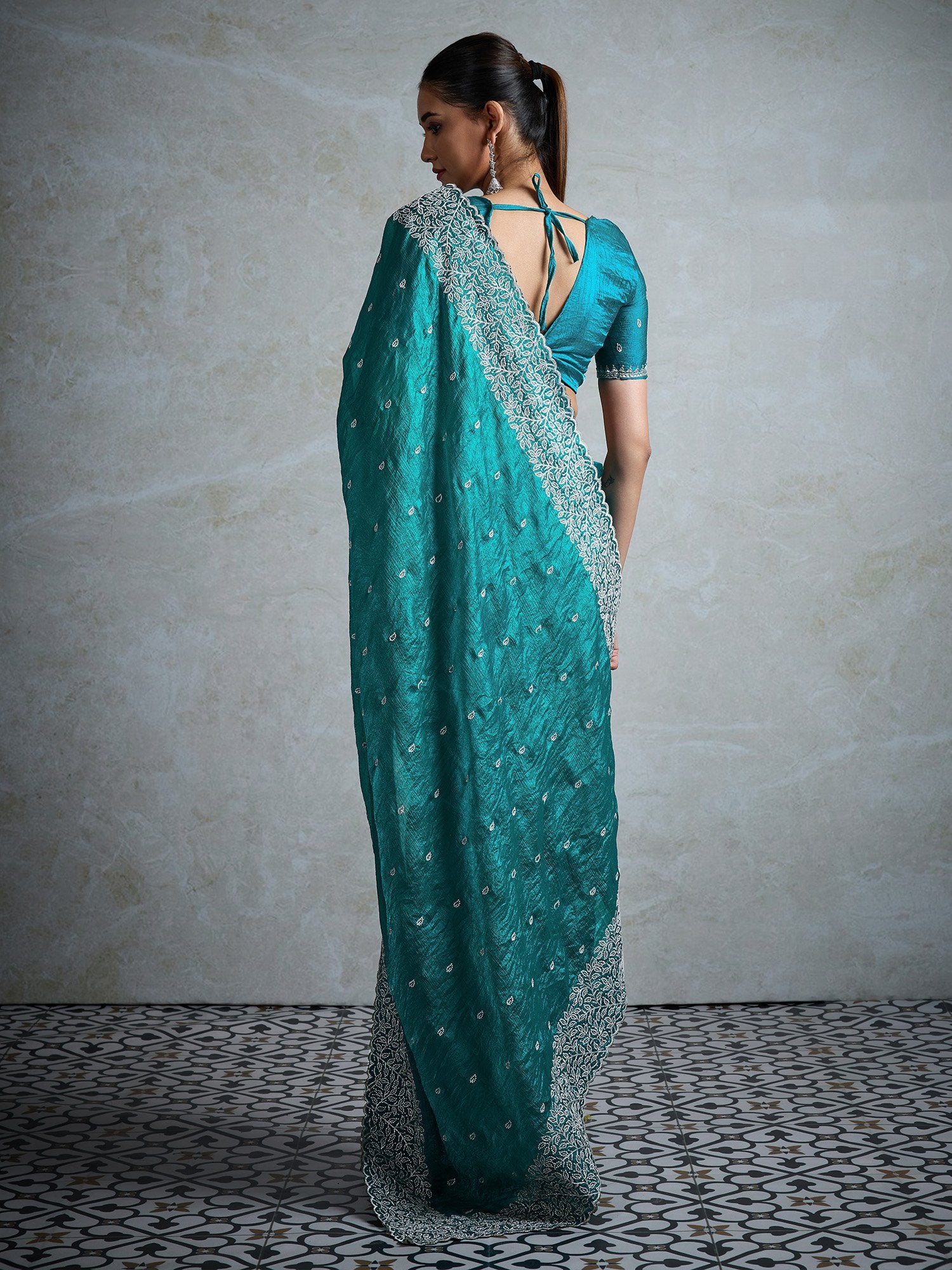 Teal Blue Party Wear Chiffon Embroidered Saree