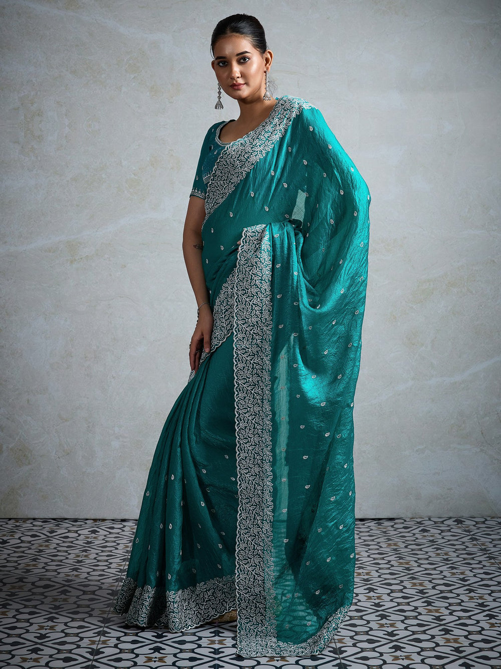 Blue Teal Party Wear Chiffon Embroidered Saree