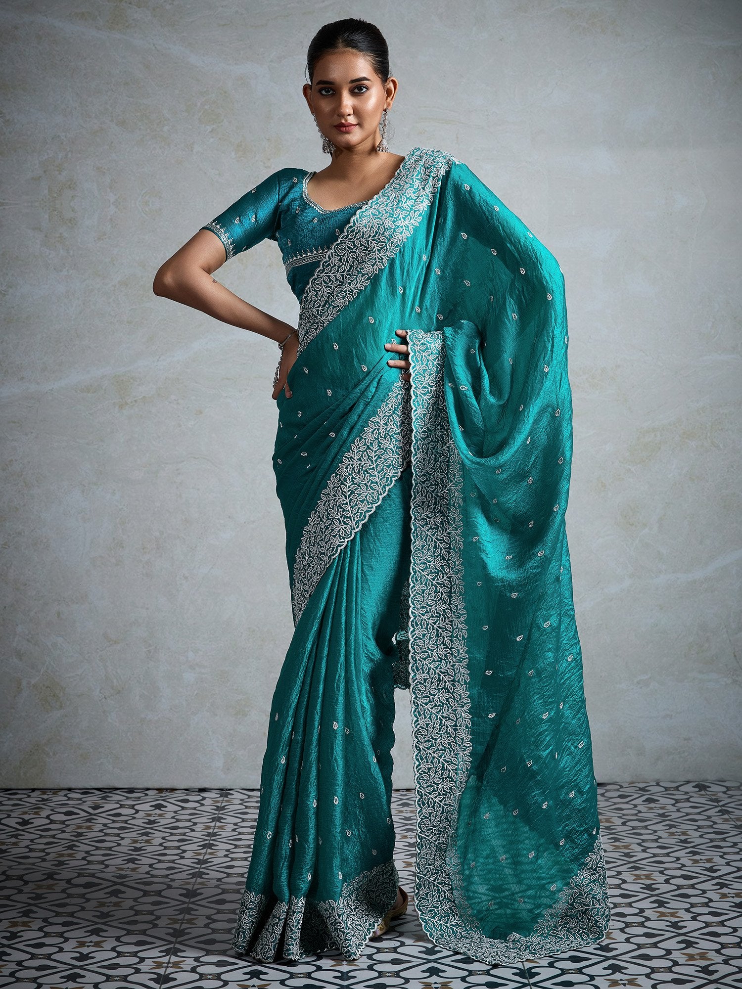 Teal Blue Party Wear Chiffon Embroidered Saree