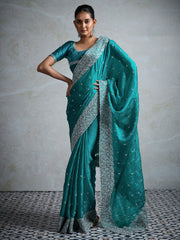 Teal Blue Party Wear Chiffon Embroidered Saree