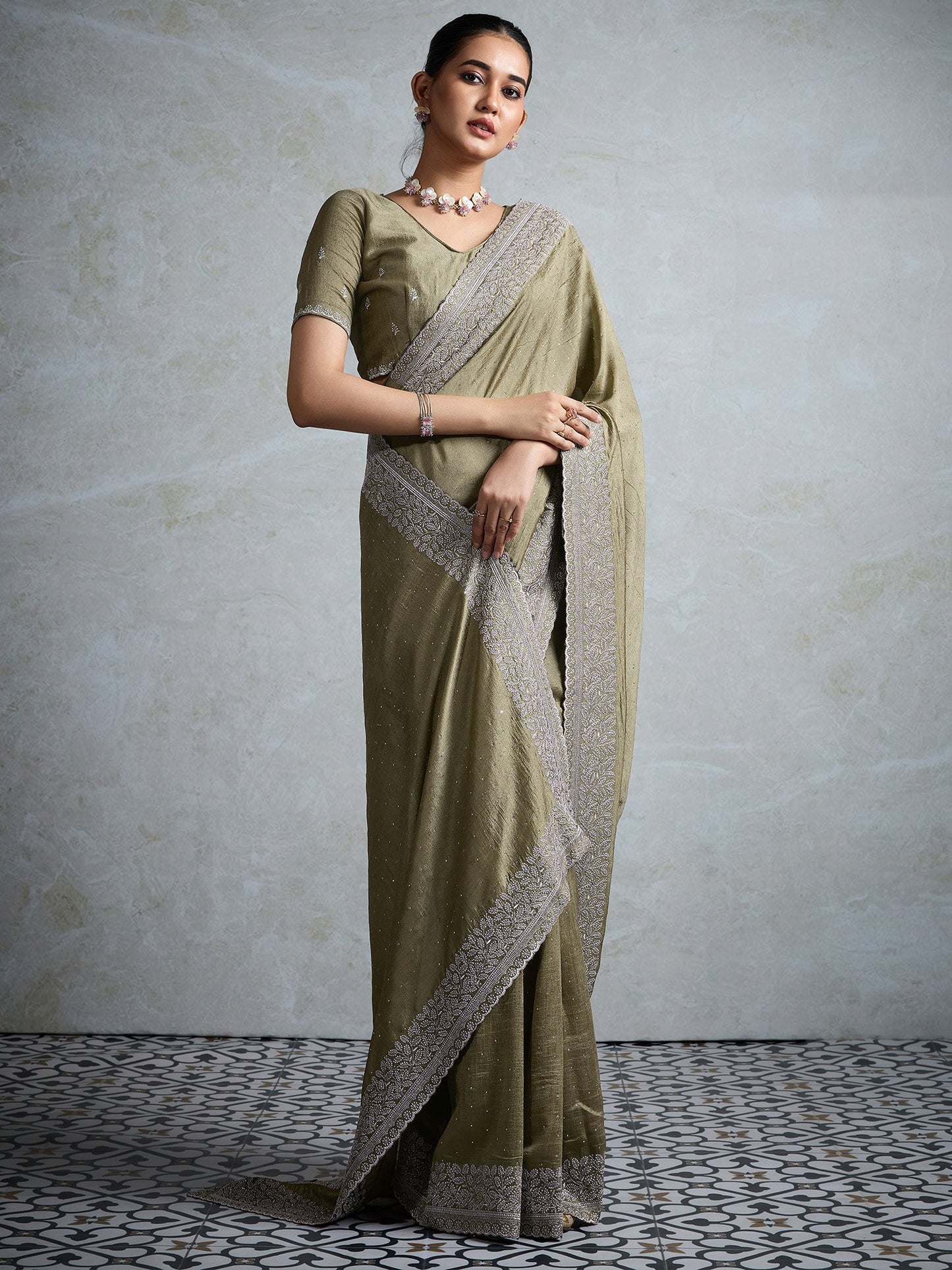 Olive Party Wear Vichitra Silk Embellished Saree