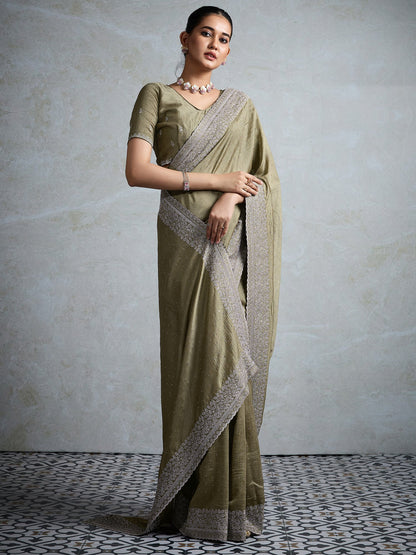Olive Party Wear Vichitra Silk Embellished Saree