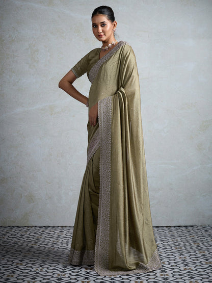 Olive Party Wear Vichitra Silk Embellished Saree