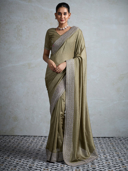 Green Olive Party Wear Vichitra Silk Embellished Saree