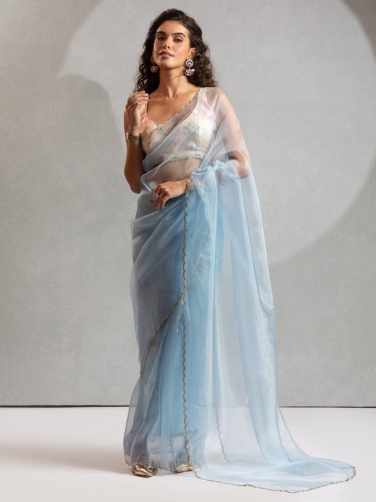 Blue Light Party Wear Organza Embellished Saree