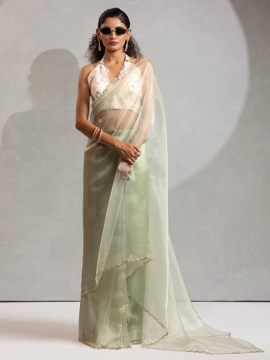 Green Sea Party Wear Organza Embellished Saree