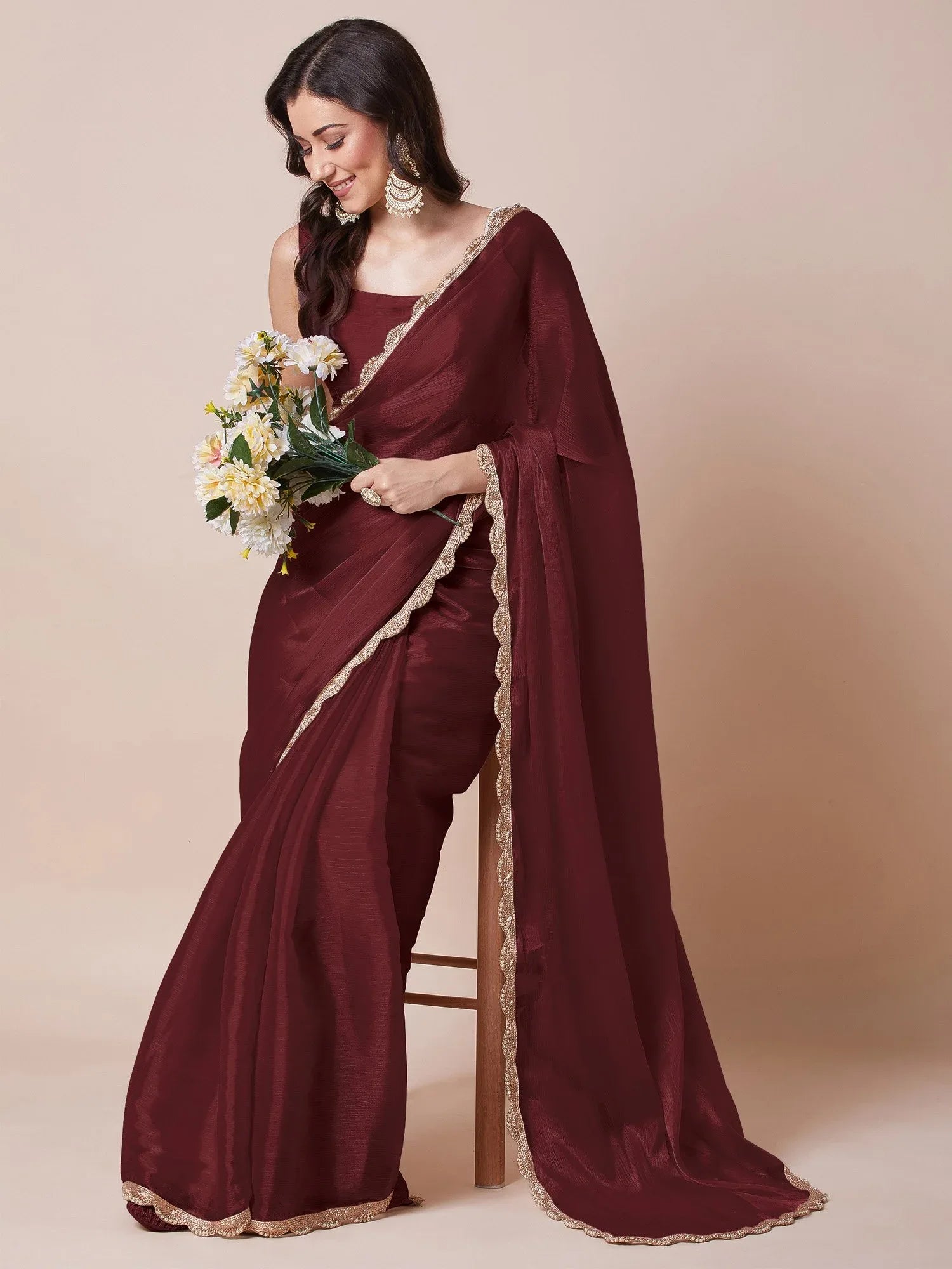 Maroon Party Wear Organza Embellished Saree