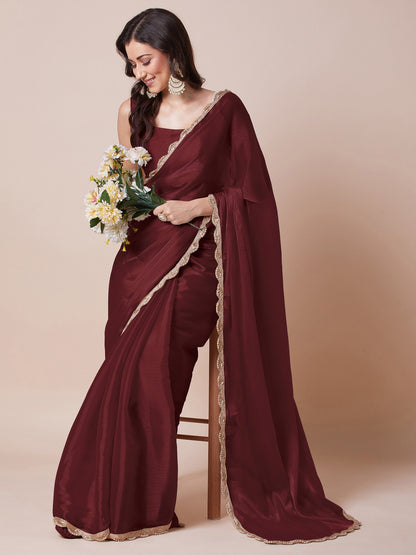 Maroon Party Wear Organza Embellished Saree
